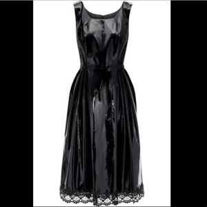 Lace-trimmed Pleated Vinyl Dress Black